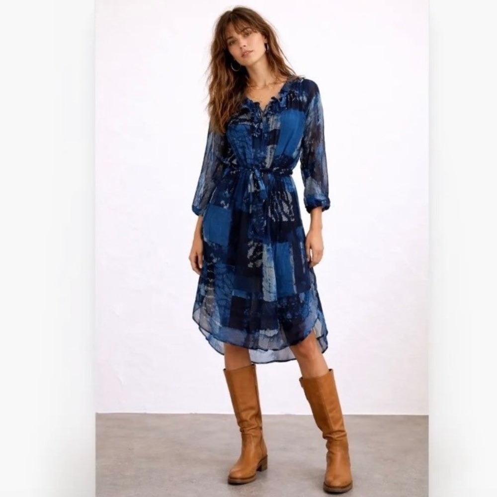 Raquel Allegra Blue Pleated Silk Chiffon Midi Dress Ruffle Neck Tie Waist S